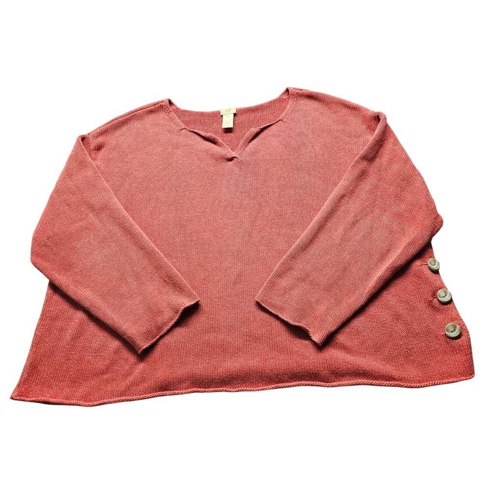 J. Jill Cotton Split Neck Button Side Sweater Womens XL Coral Pink Marl Knit